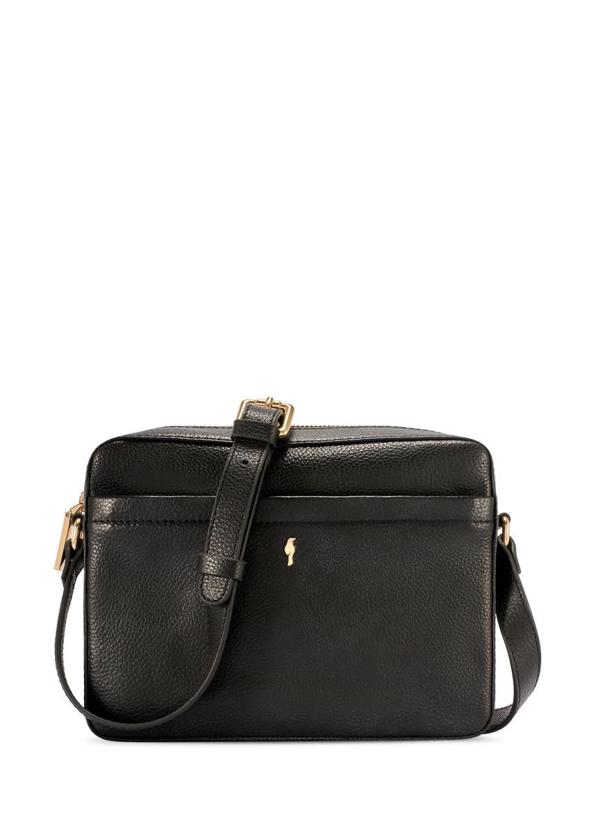 Czarna mała skórzana torebka damska TORES-1269-9I(W26), widok produktu z przodu na białym tle.