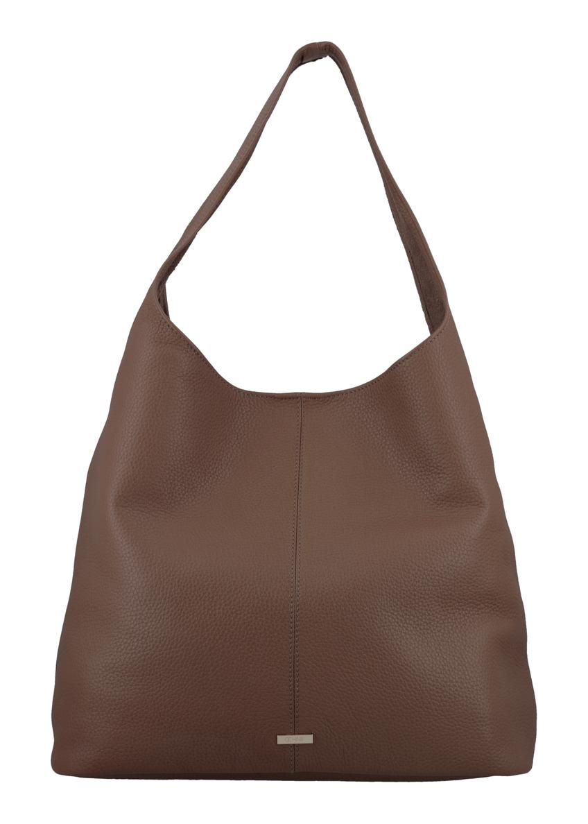 Beżowa skórzana torebka shopper TORES-1372-1K(Z26) - widok produktu z przodu, na białym tle. 