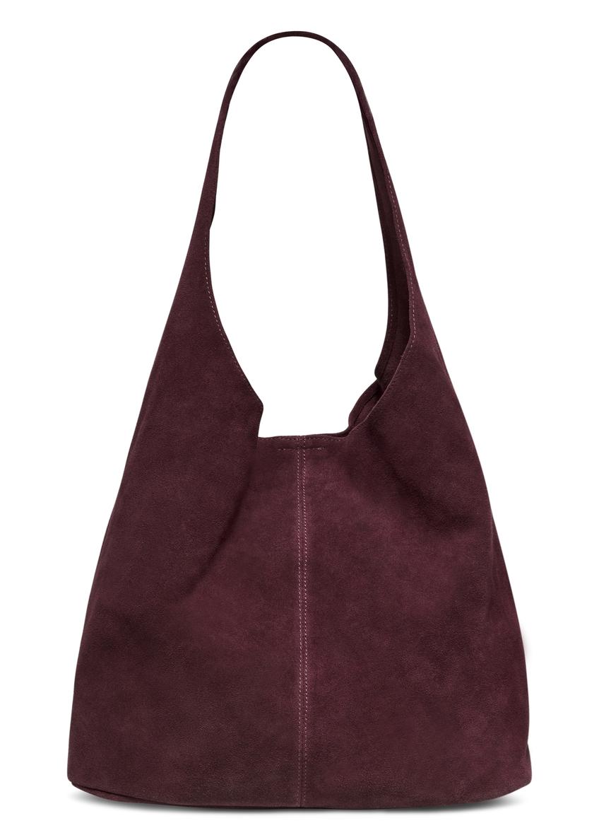 Bordowa zamszowa torebka shopper TORES-1403-4D(Z26) - widok produktu z przodu, na białym tle. 