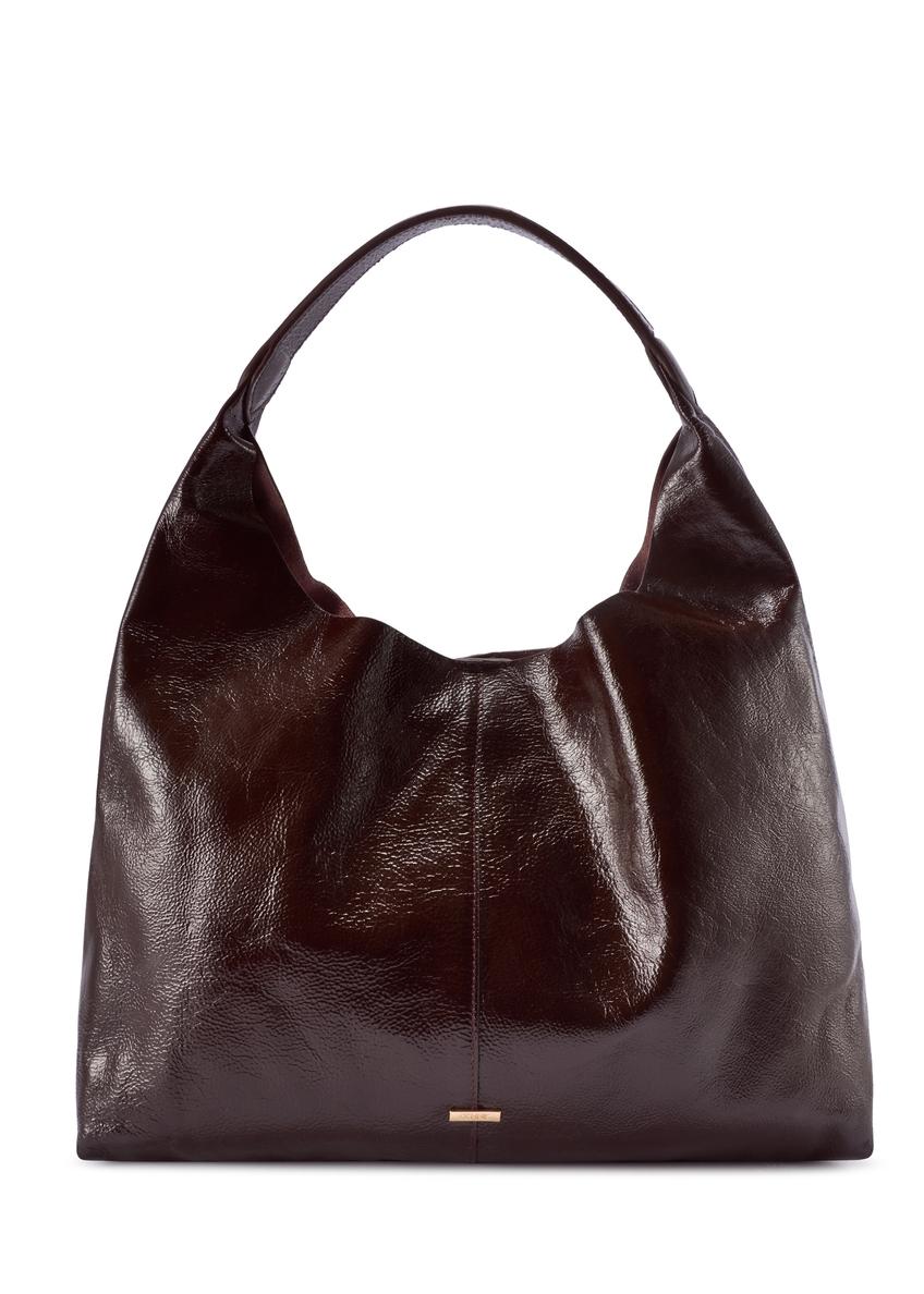 Duża skórzana brązowa torebka damska TORES-1179-1I(W26), widok produktu z przodu na białym tle.