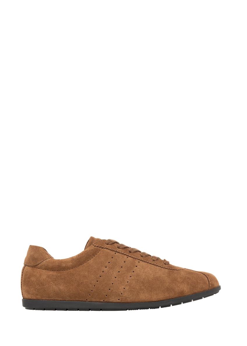 Koniakowe zamszowe sneakersy damskie BUTYD-1293-1F(Z26) - widok produktu z przodu, na białym tle. 