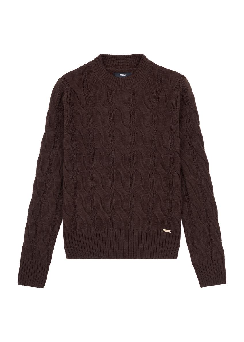 Czekoladowy sweter damski z ozdobnym splotem SWEDT-0210-90(Z25)