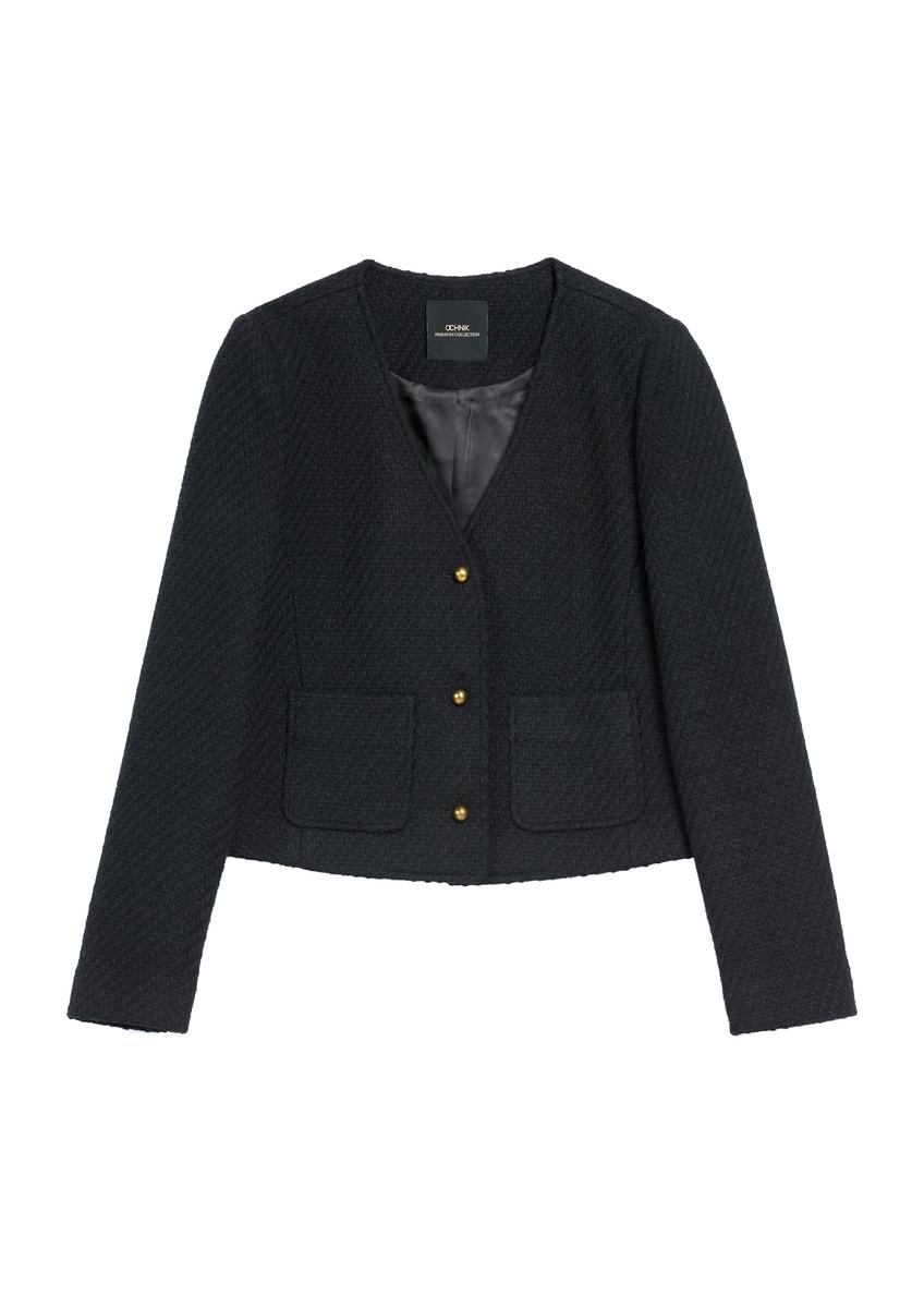 Czarna marynarka damska ZAKDT-0046-99(Z25), widok produktu z przodu na białym tle.