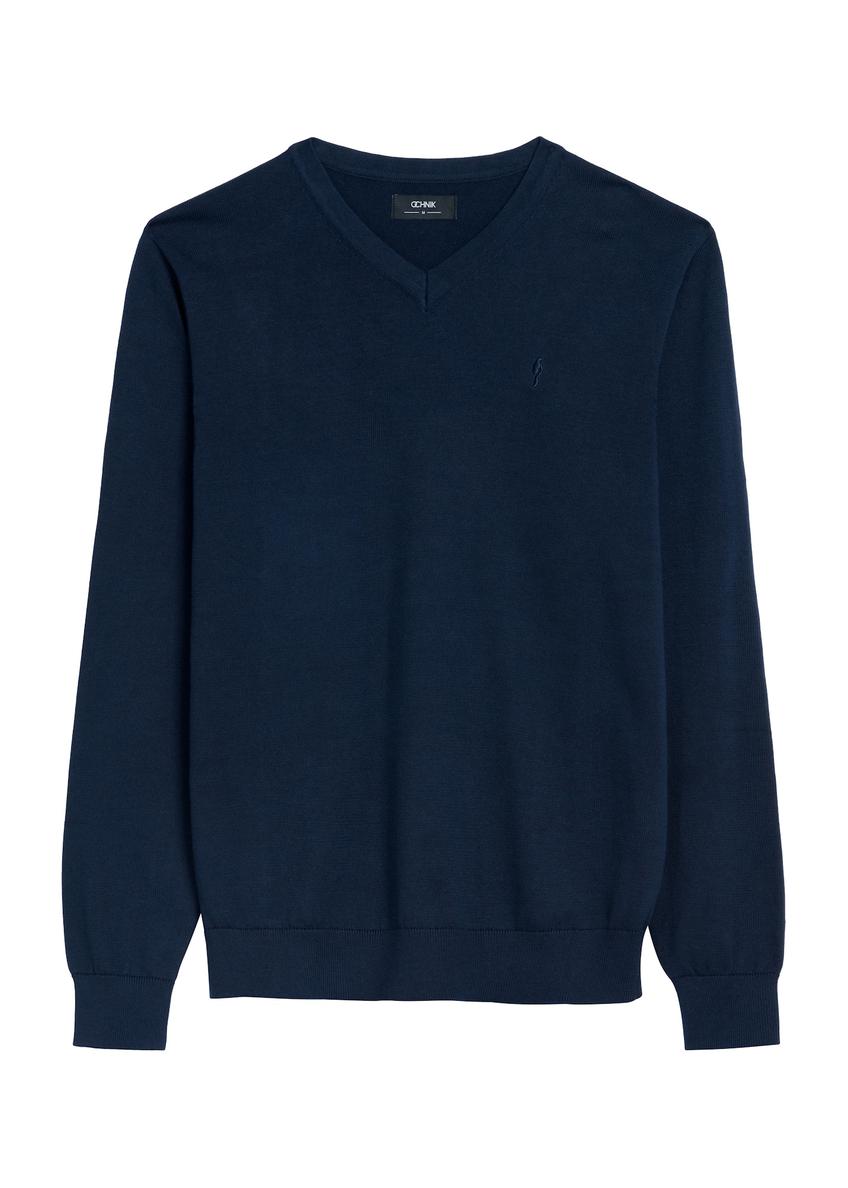 Granatowy sweter męski z logo SWEMT-0159A-68(Z25), widok produktu z przodu na białym tle.