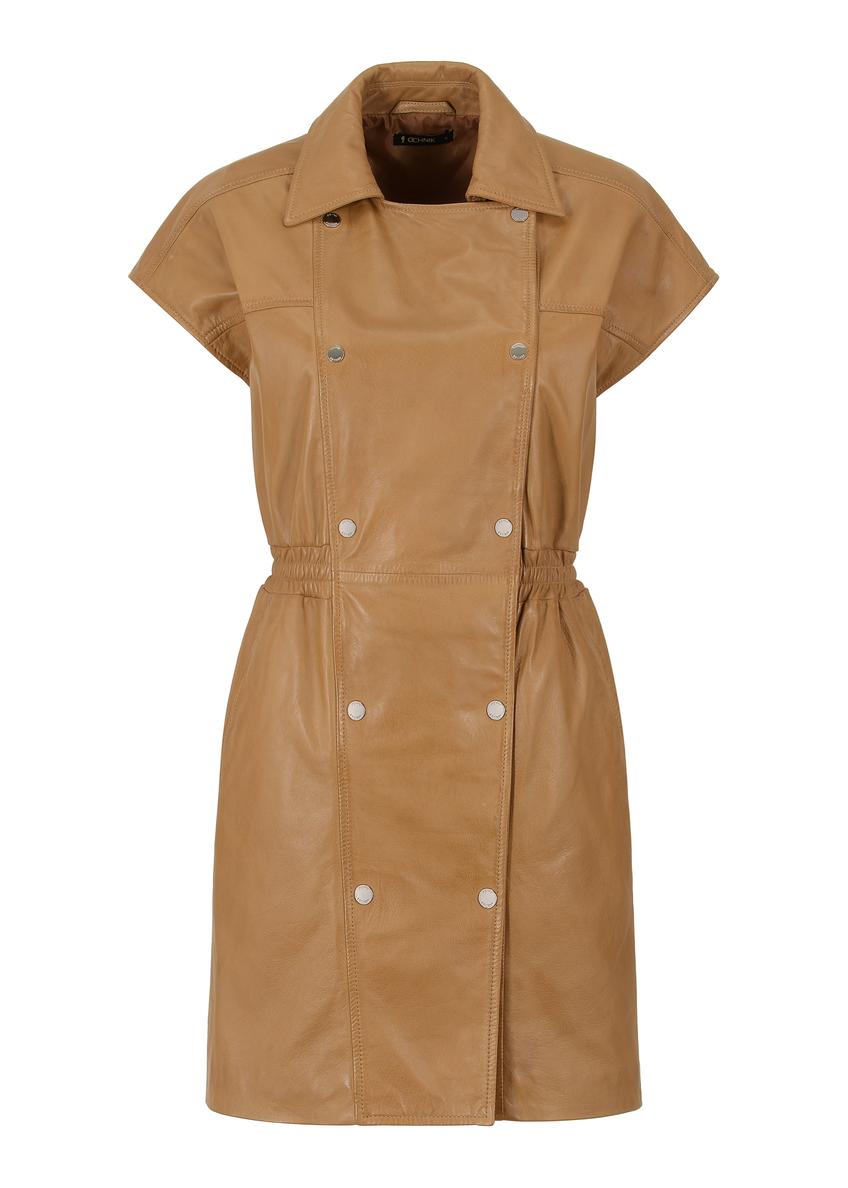 Skórzana taliowana sukienka w kolorze camel SUKDS-0049-1336(Z23)-05
