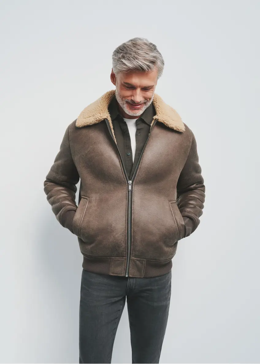 Brown short men's sheepskin coat KOZMP-0004-89(Z24)-01