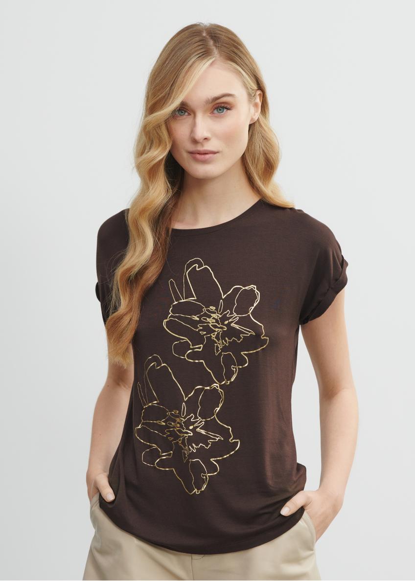 Brązowy T-shirt damski z kwiatowym printem TSHDT-0107-89(W23)