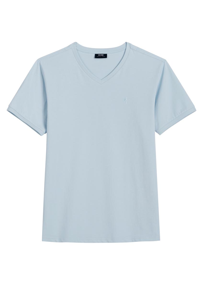 Niebieski bawełniany T-shirt męski TSHMT-0088-7A(W26), widok produktu z przodu na białym tle.