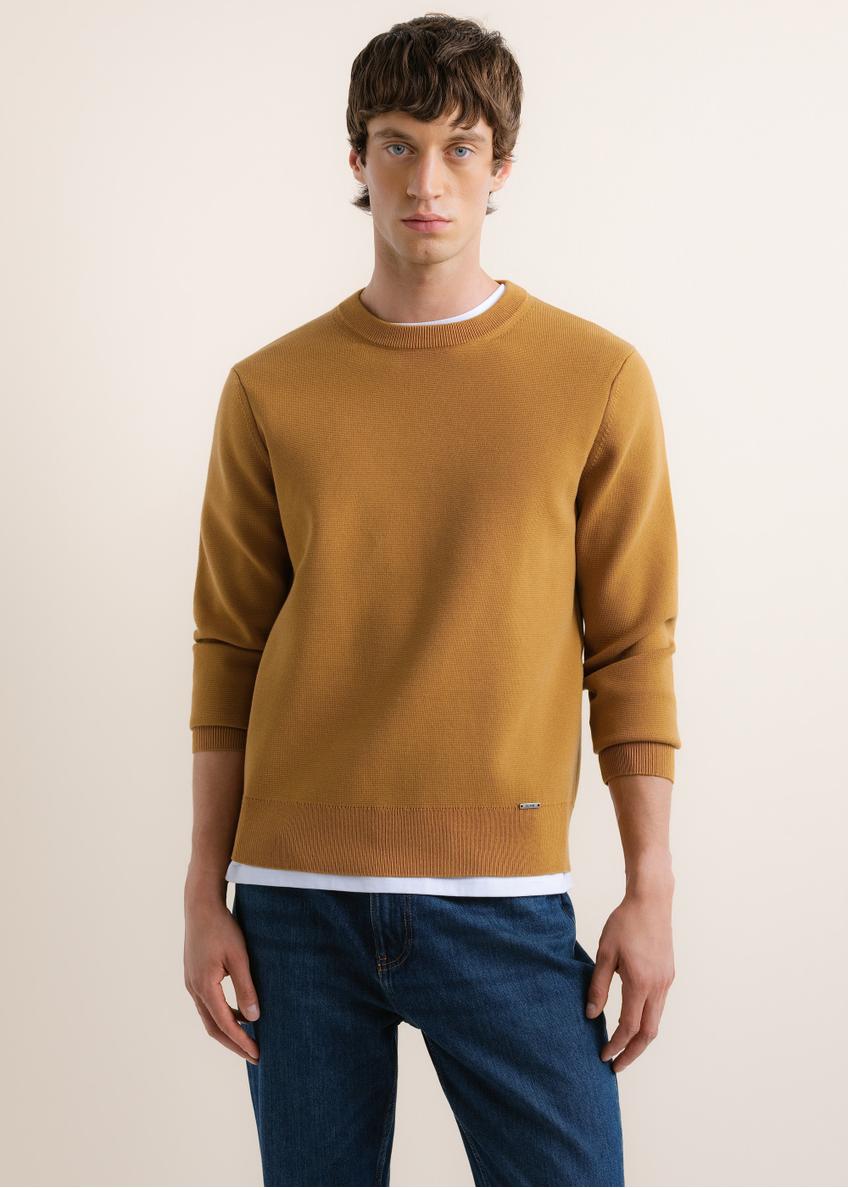Musztardowy sweter męski SWEMT-0217-2D(Z26), widok produktu z przodu na modelu. Widoczna połowa sylwetki.