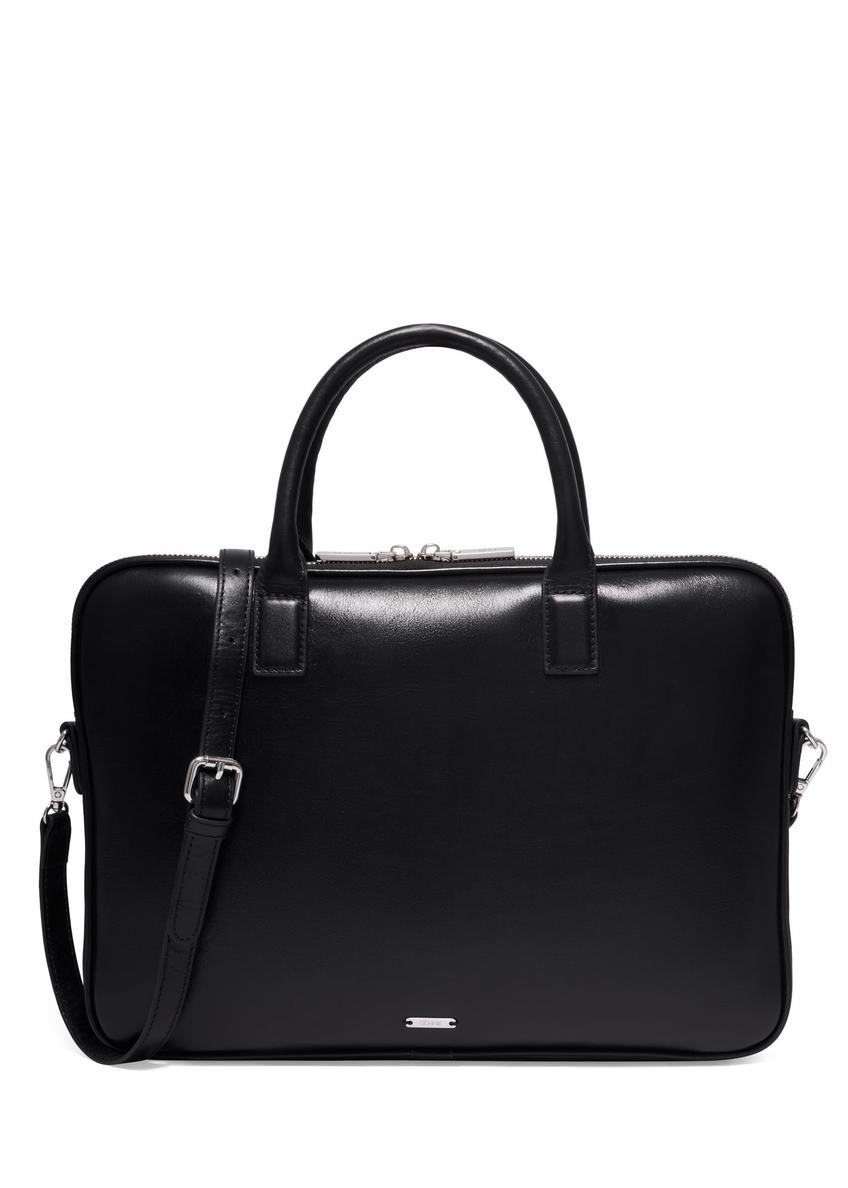 Czarna skórzana elegancka torba na laptopa TORES-1344-99(Z26) - widok produktu z przodu, na białym tle. 