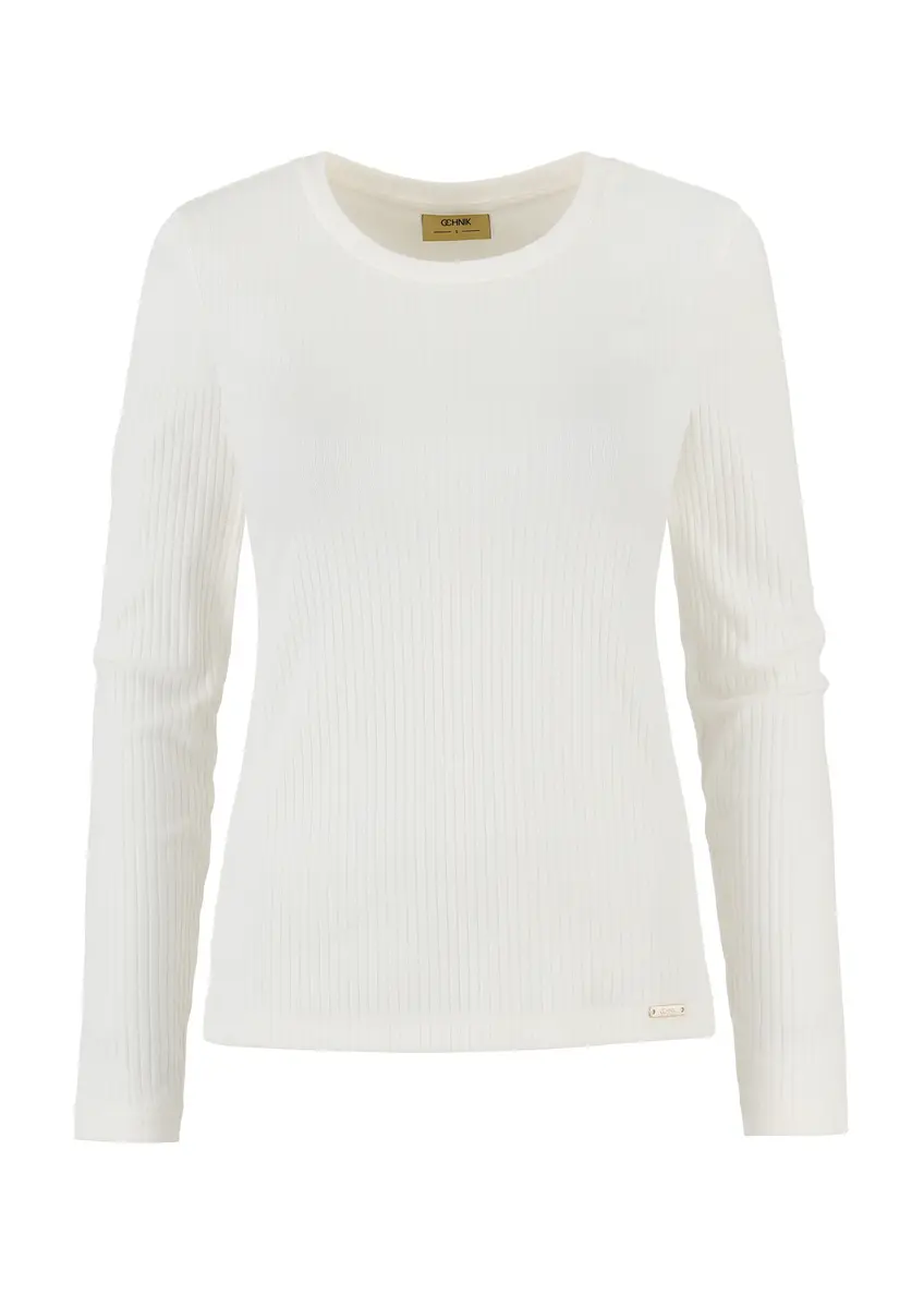 Kremowa prążkowana bluzka longsleeve damska LSLDT-0043-12(W24)-03