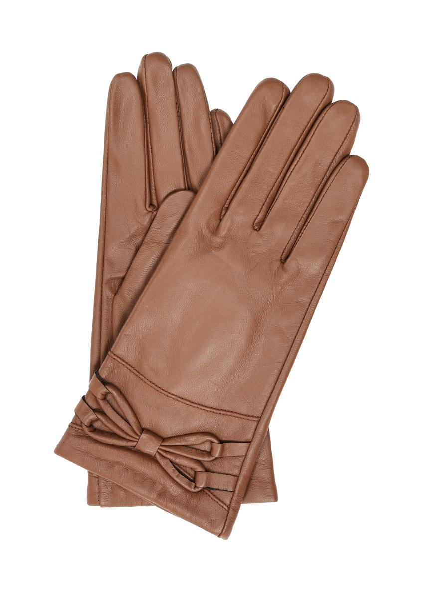 Skórzane brązowe rękawiczki damskie z kokardą REKDS-0025-24(Z23)