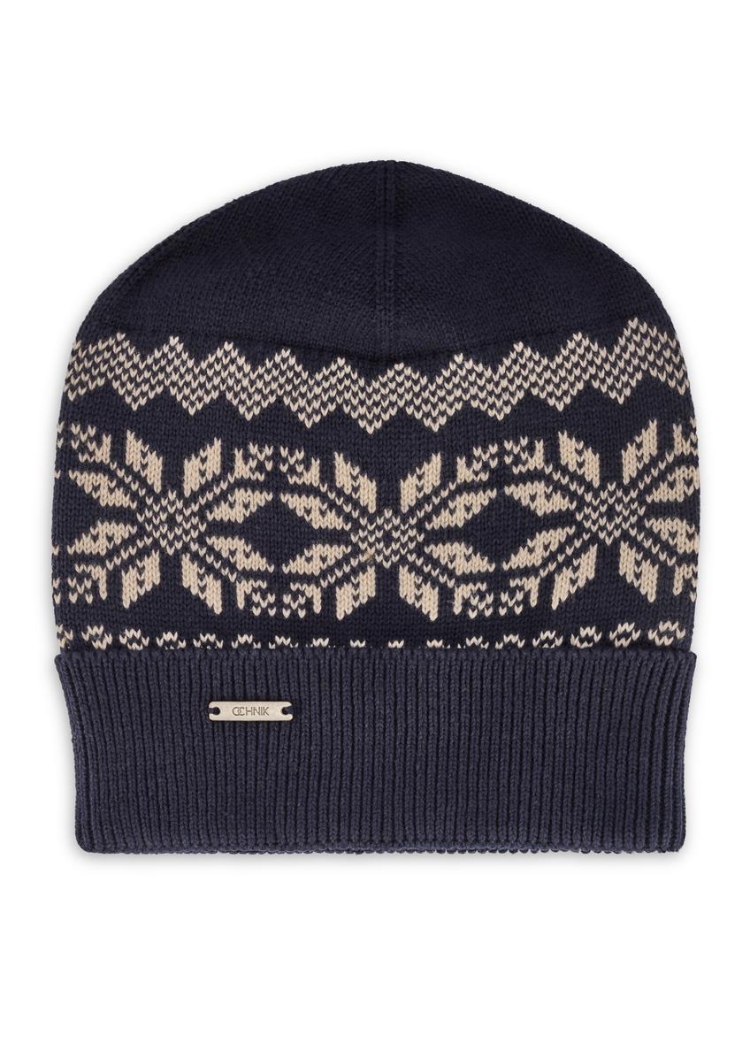 Granatowa bawełniana czapka męska CZAMT-0090-69(Z25), widok produktu od przodu na białym tle.