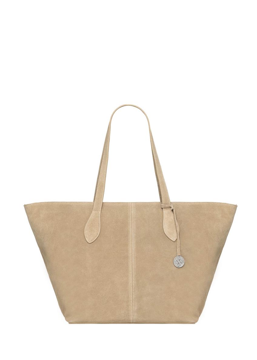 Torebka damska typu shopper w kolorze chłodnego beżu TORES-1407-1K(Z26) - widok produktu z przodu, na białym tle. 
