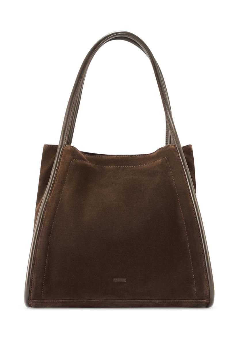 Brązowa zamszowa duża torebka damska TORES-1250-1I(W26) - widok produktu z przodu, na białym tle. 