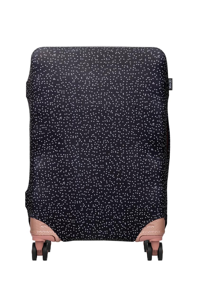 Pokrowiec na średnią walizkę w kropki AW-013-0007-9P-M(W26), widok produktu z przodu na walizce.