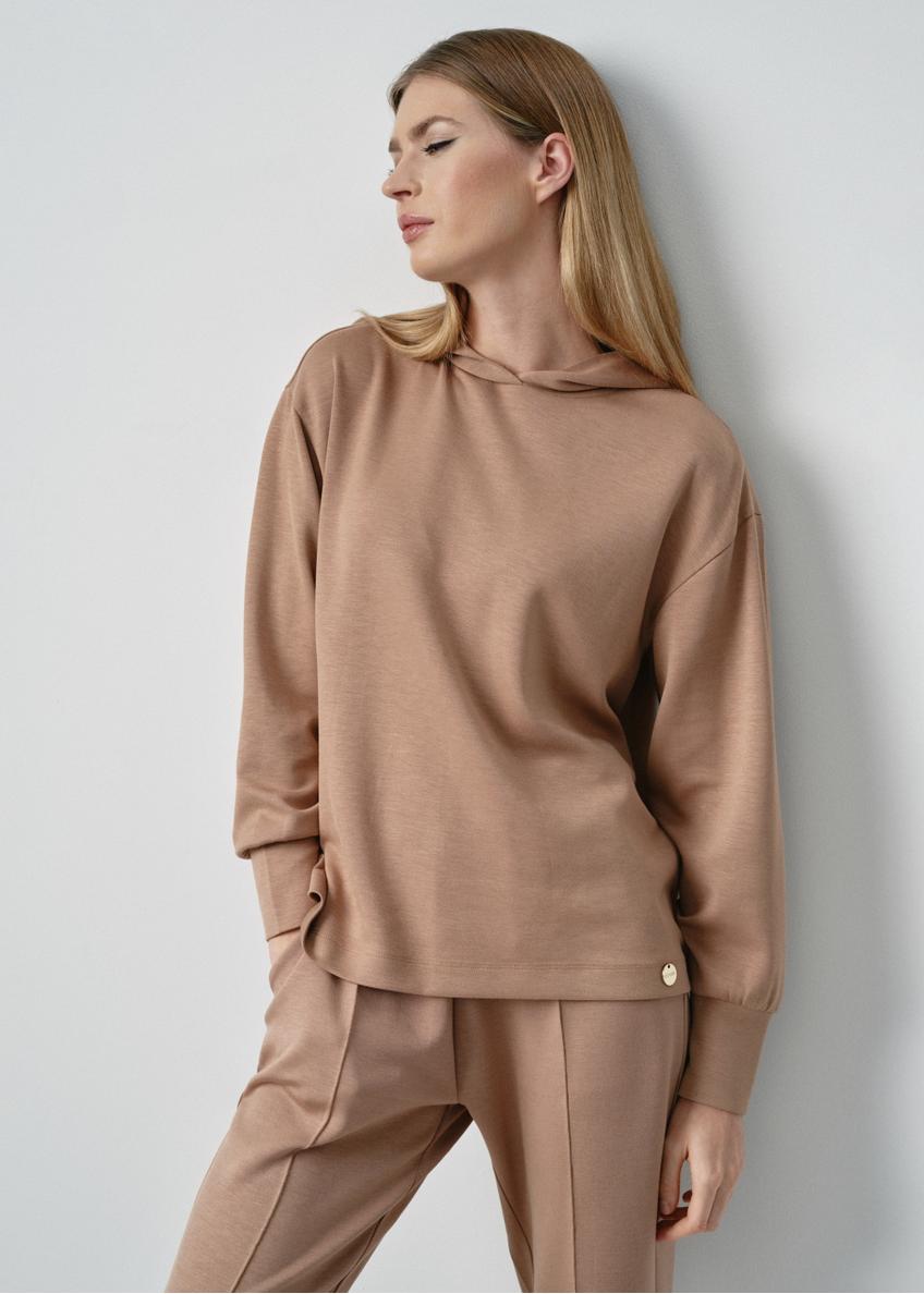 Bluza damska  z kapturem w kolorze camel BLZDT-0097-24(W24)