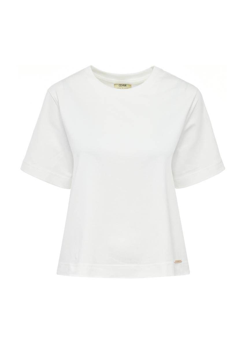 Bawełniany kremowy T-shirt damski TSHDT-0138-12(W25)