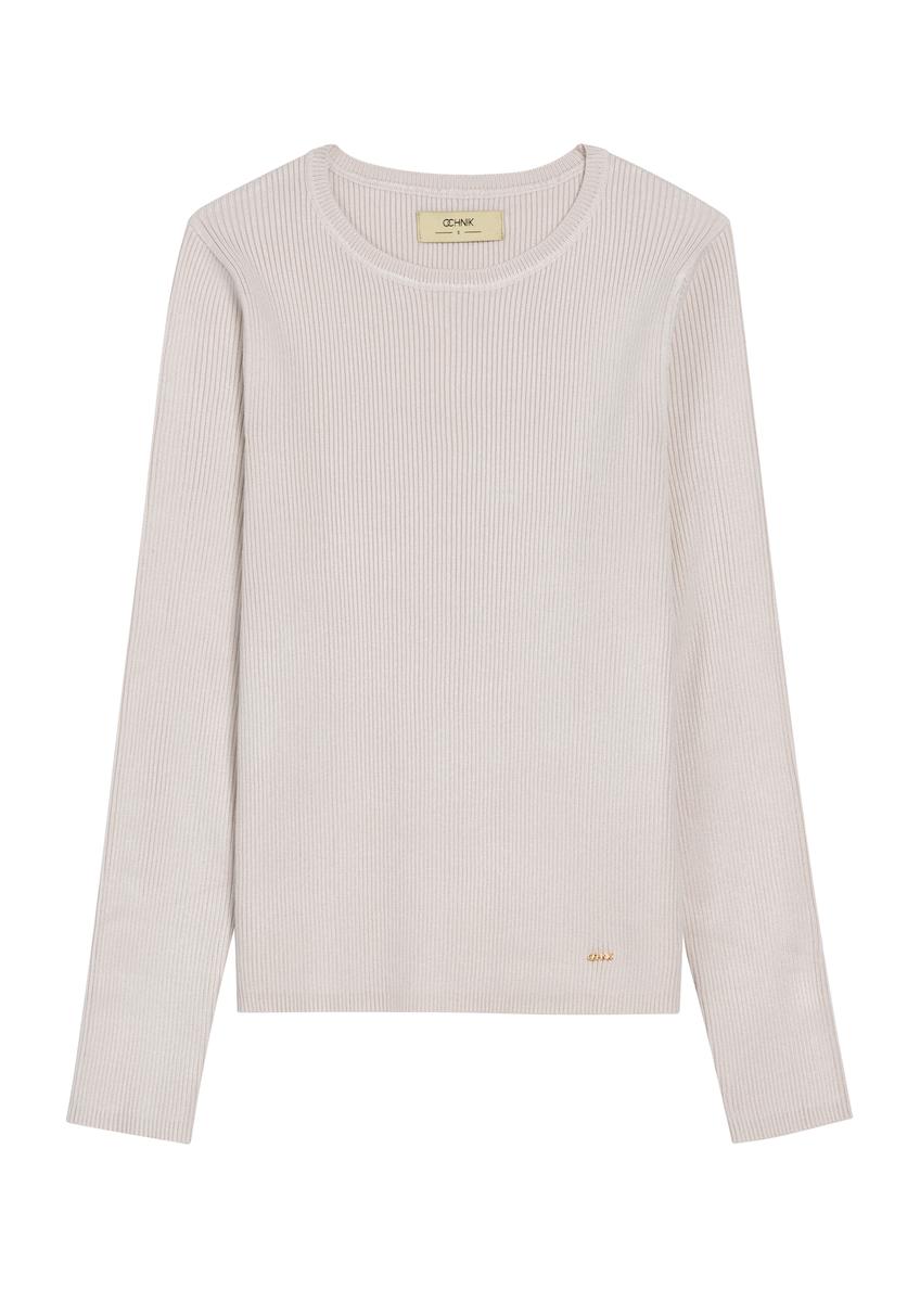 Jasnobeżowy lonsleeve damski LSLDT-0028-80(Z25) - widok produktu z przodu na białym tle. 