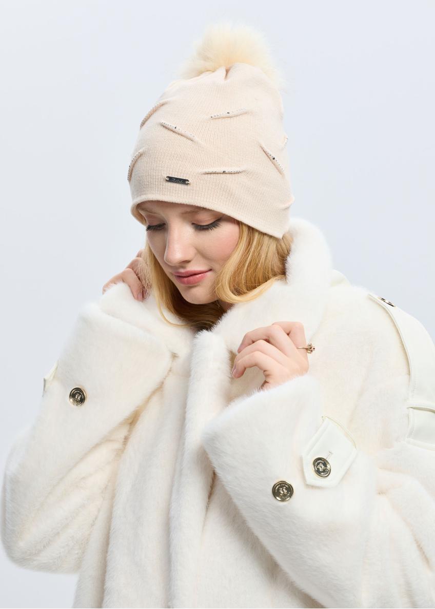 Beige women's hat with pompom CZADT-0194-81(Z24)-01