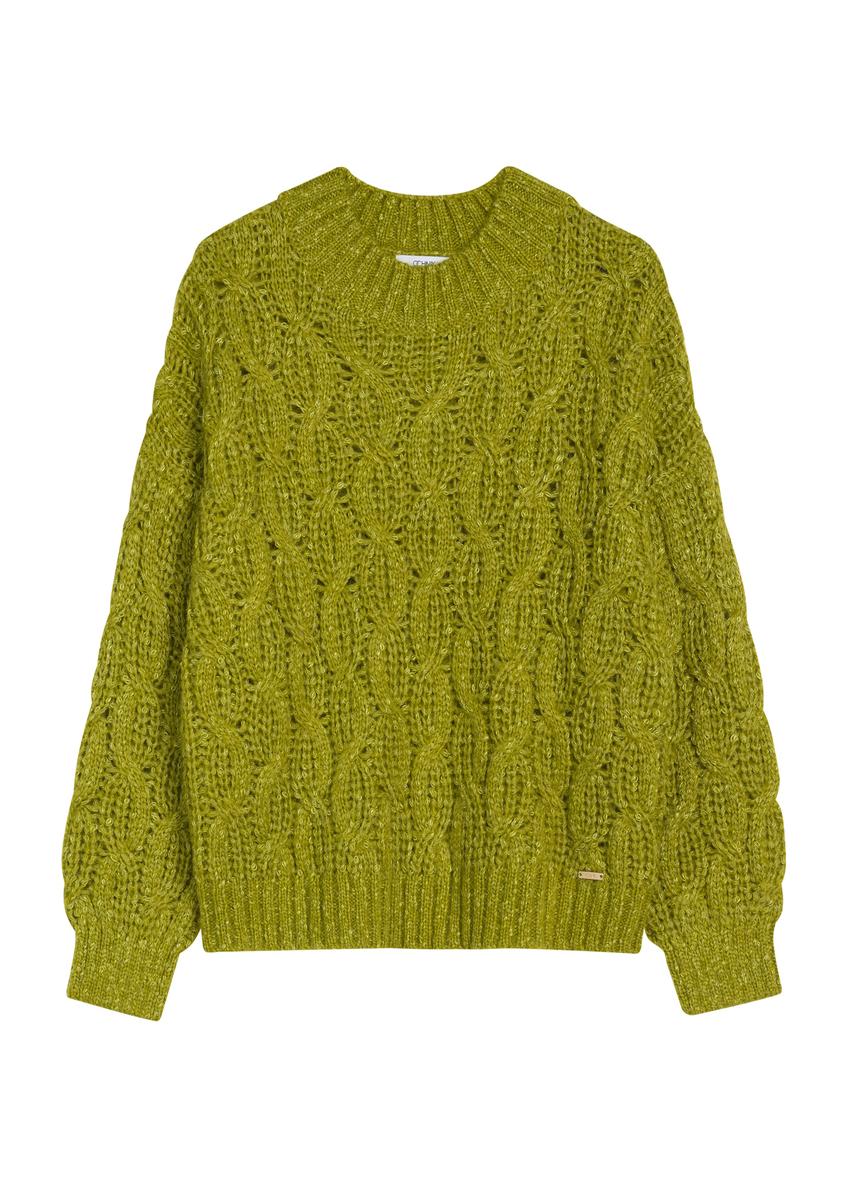 Limonkowy sweter damski SWEDT-0236-84(Z25), widok produktu z przodu na białym tle.