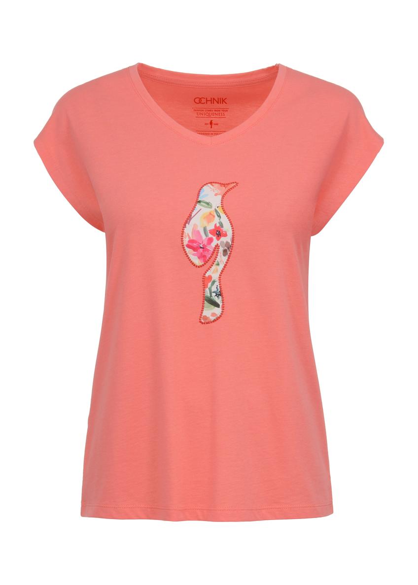 Różowy T-shirt damski z kwiatowym logo TSHDT-0106-34(W23)-03