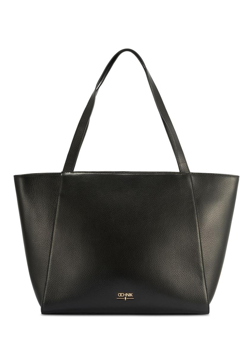 Czarna skórzana torebka shopper TORES-1209-9I(W26) - widok produktu z przodu, na białym tle. 