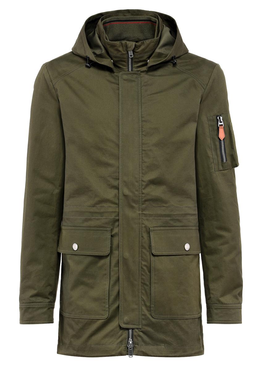 Oliwkowa kurtka parka męska KURMT-0364-57(W25), widok produktu z przodu na białym tle.