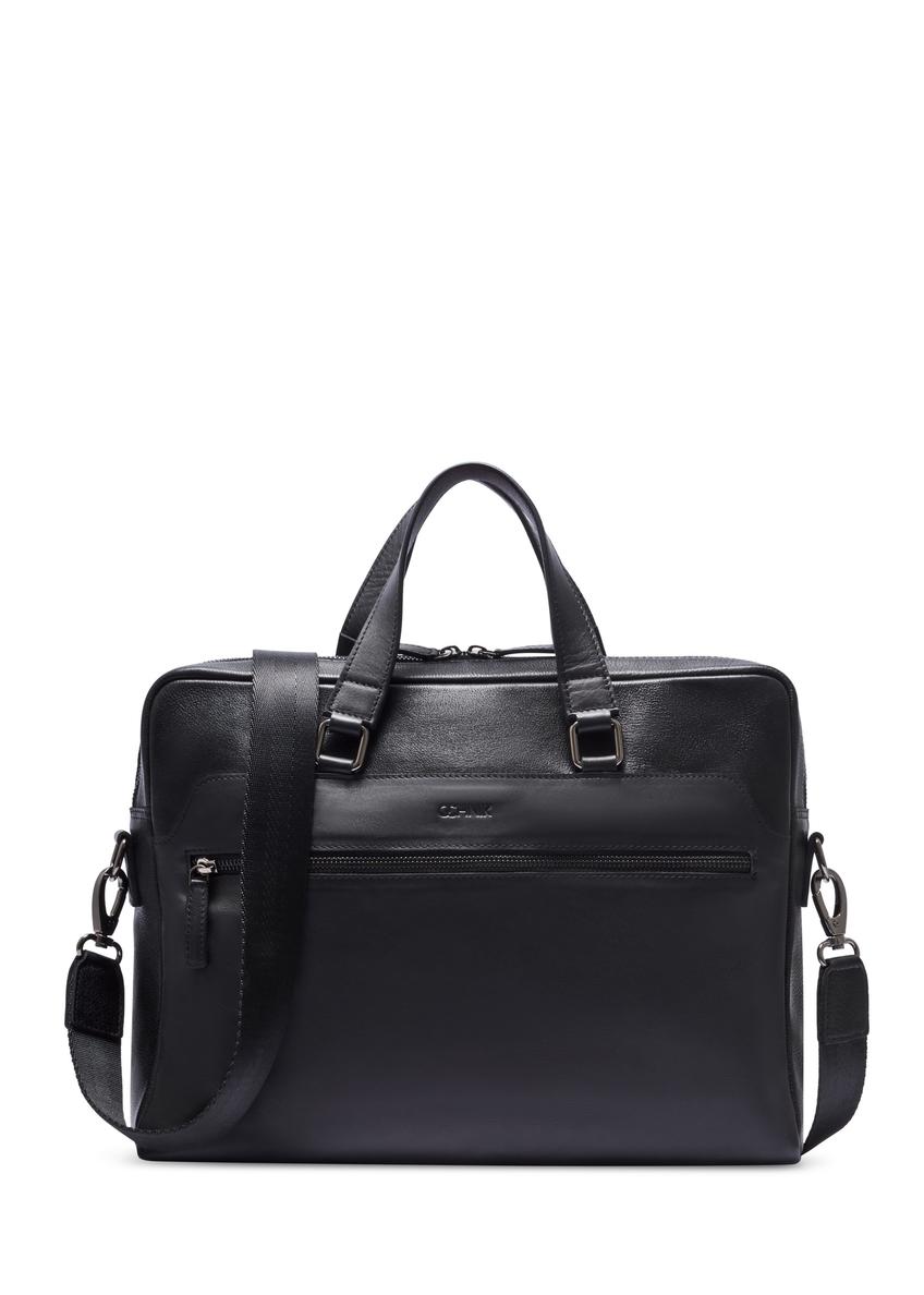 Czarna skórzana torba na laptopa TORMS-0496-99(W26) - widok produktu z przodu, na białym tle.