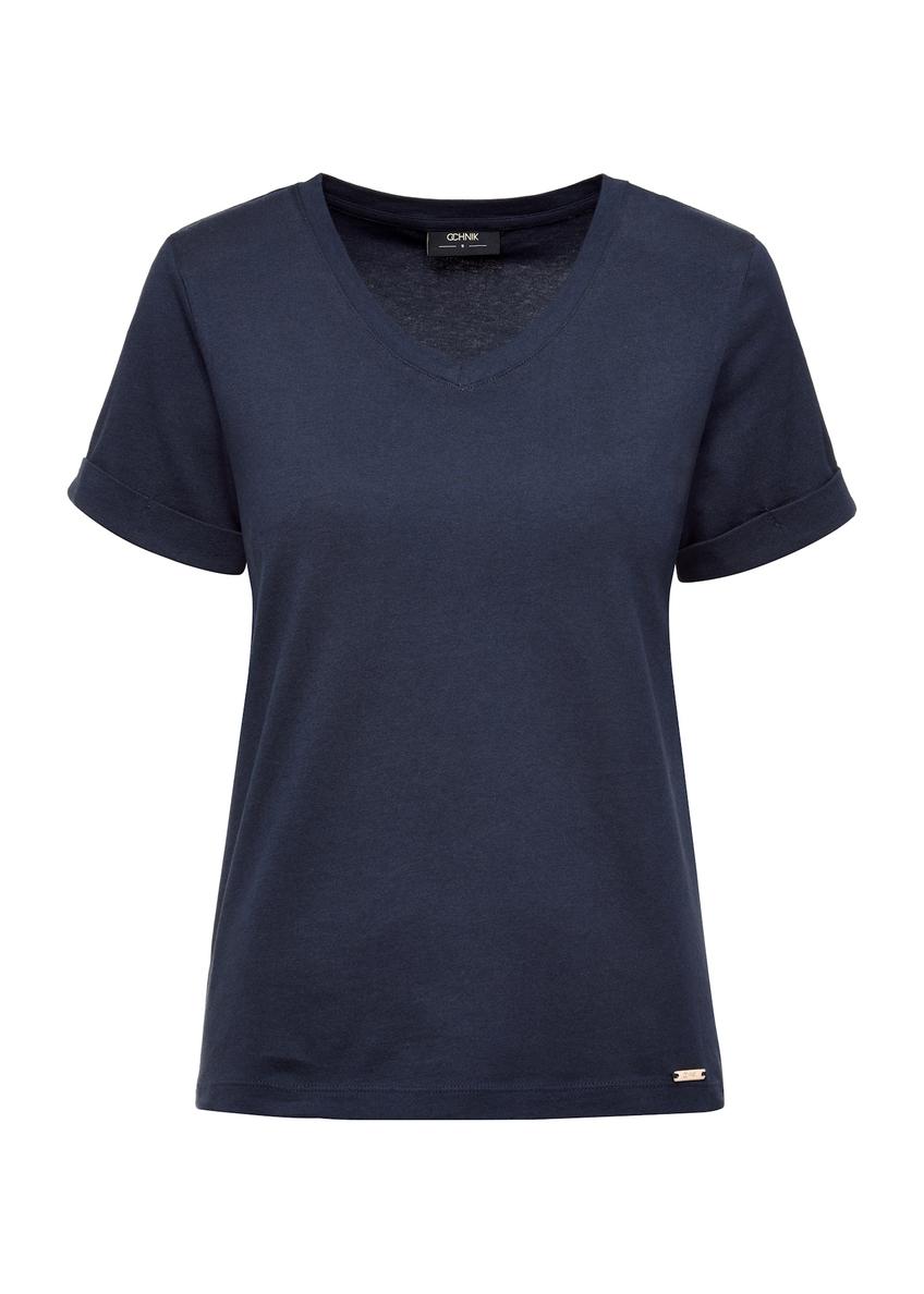 Granatowy t-shirt damski w serek TSHDT-0118-69(W25), widok produktu z przodu na białym tle.