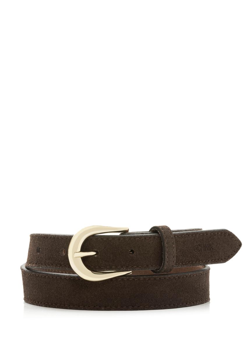 Ciemnobrązowy skórzany pasek damski PASDS-0303-1I(W26), widok produktu z przodu na białym tle.