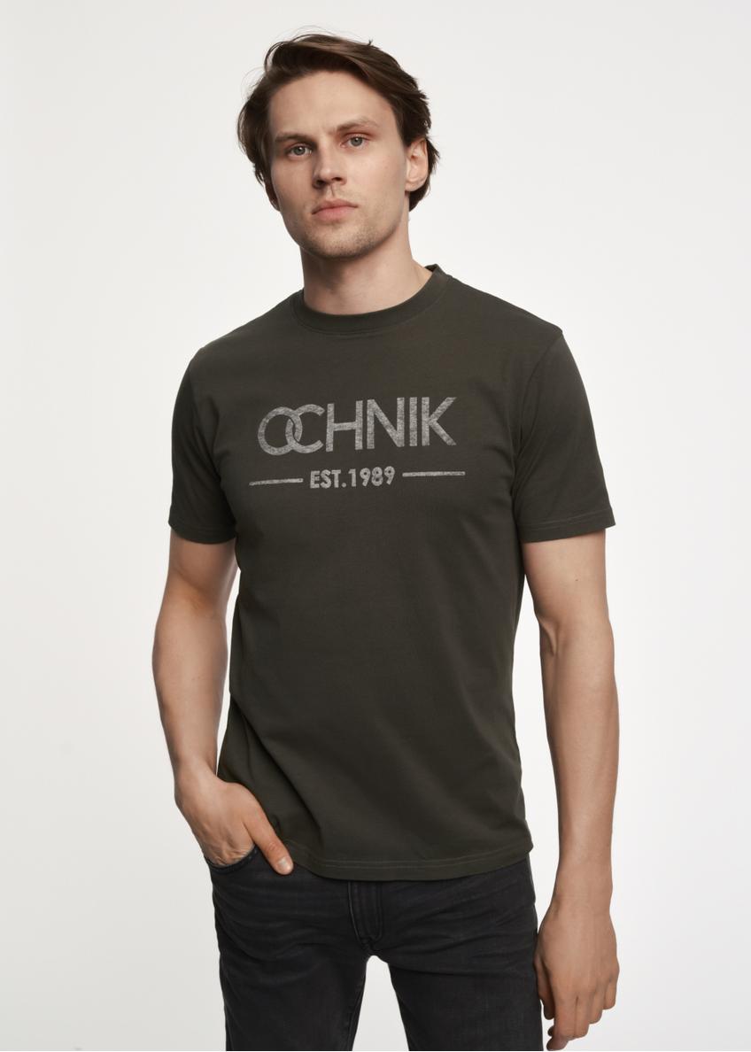 T-shirt męski khaki z logo TSHMT-0095-54(Z23)