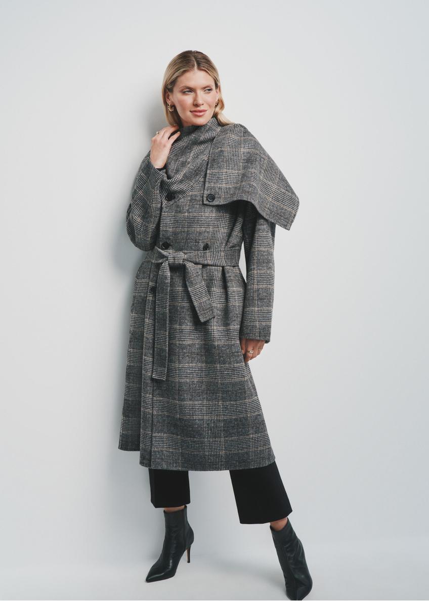 Woolen gray women's coat in a check pattern PLADT-0056-91(Z24)