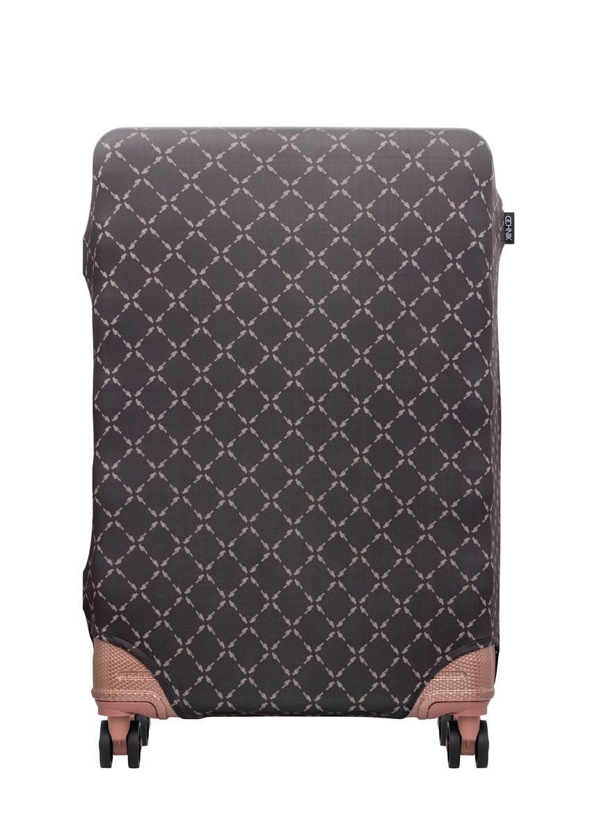 Brązowy pokrowiec na dużą walizkę AW-013-0006-1P-L(W26), widok produktu z przodu na walizce.