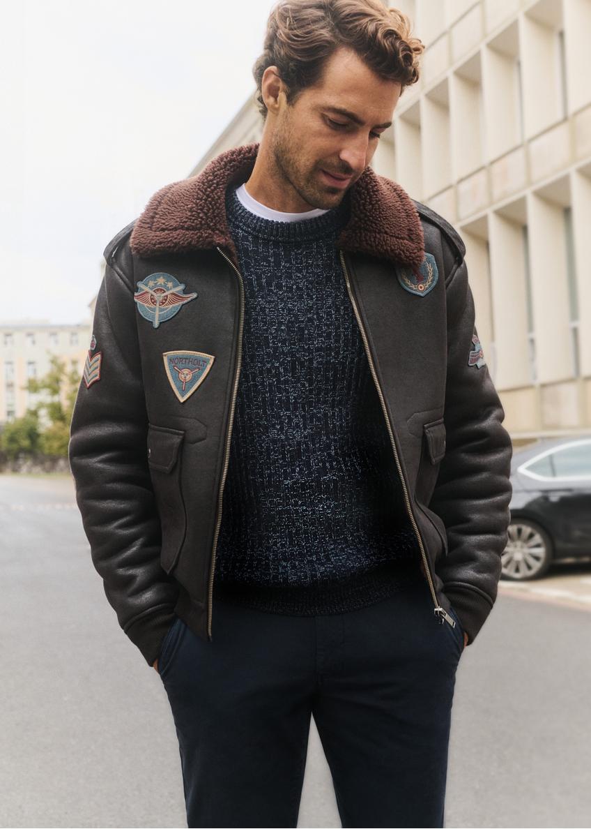 Brązowy kożuch męski w stylu pilotki KOZMP-0007-90(Z25)
