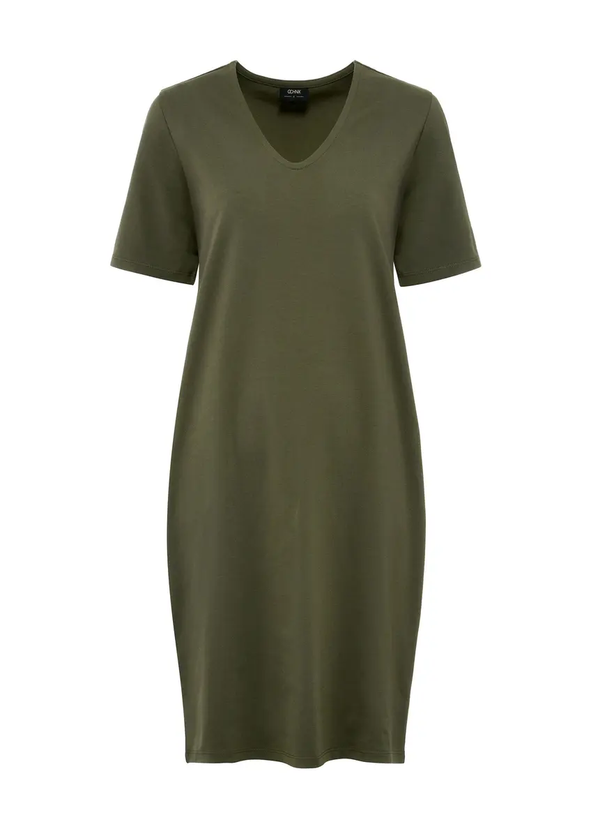 Krótka bawełniana sukienka w kolorze khaki SUKDT-0185-54(W25)-04