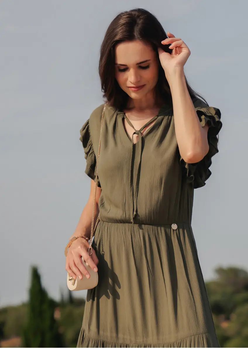 Długa sukienka w kolorze khaki SUKDT-0187-54(W25)