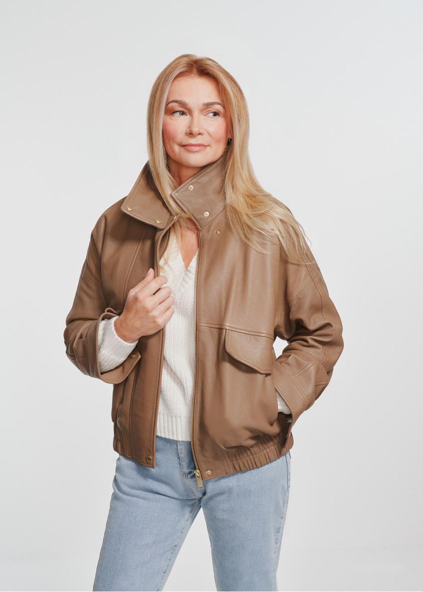 Women's leather jacket in dark beige KURDS-0488-2365(Z24)