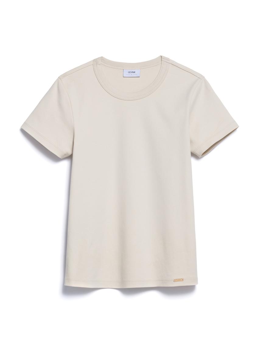 Beżowy bawełniany T-shirt damski TSHDT-0144-80(Z25), widok produktu z przodu na białym tle.