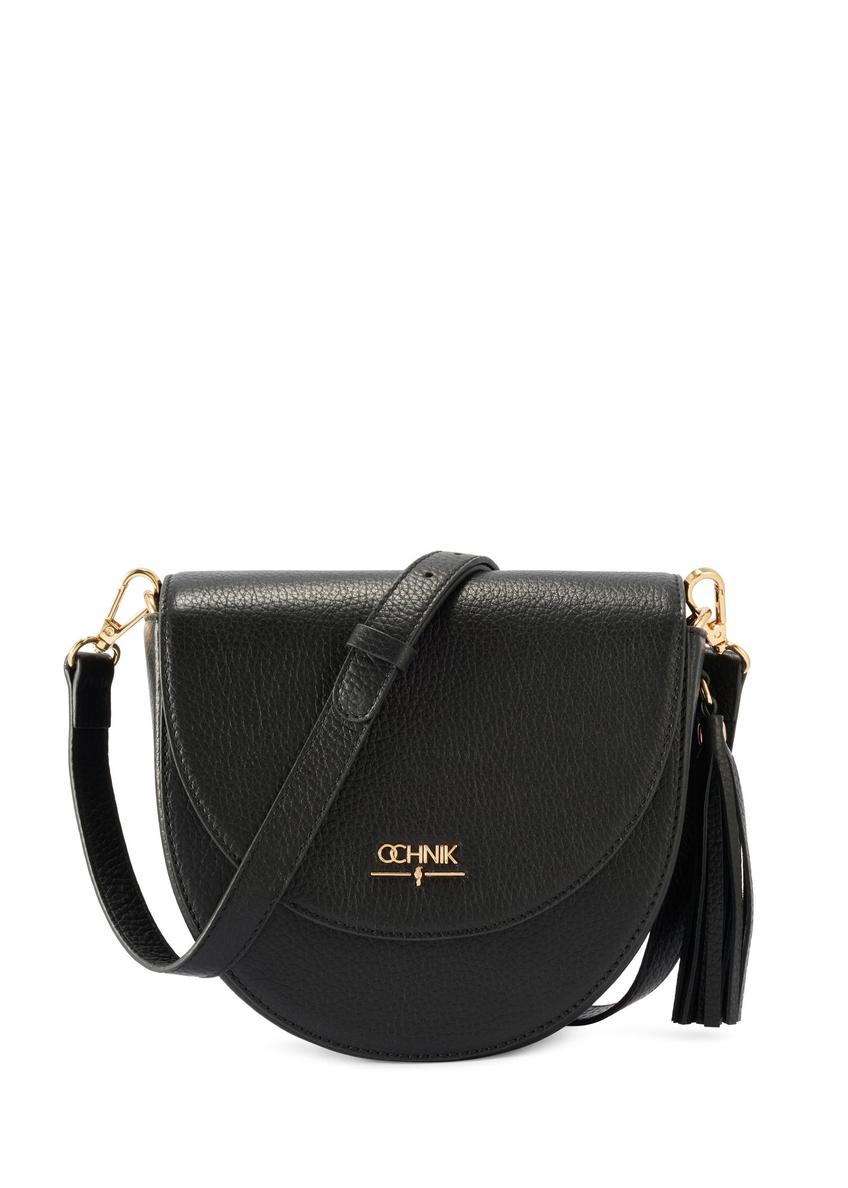 Czarna skórzana listonoszka damska TORES-1283-9I(W26) - widok produktu z przodu, na białym tle. 