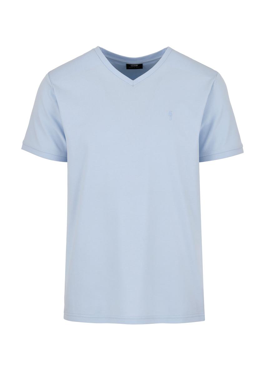 Błękitny basic T-shirt męski z logo TSHMT-0088-62(W24)