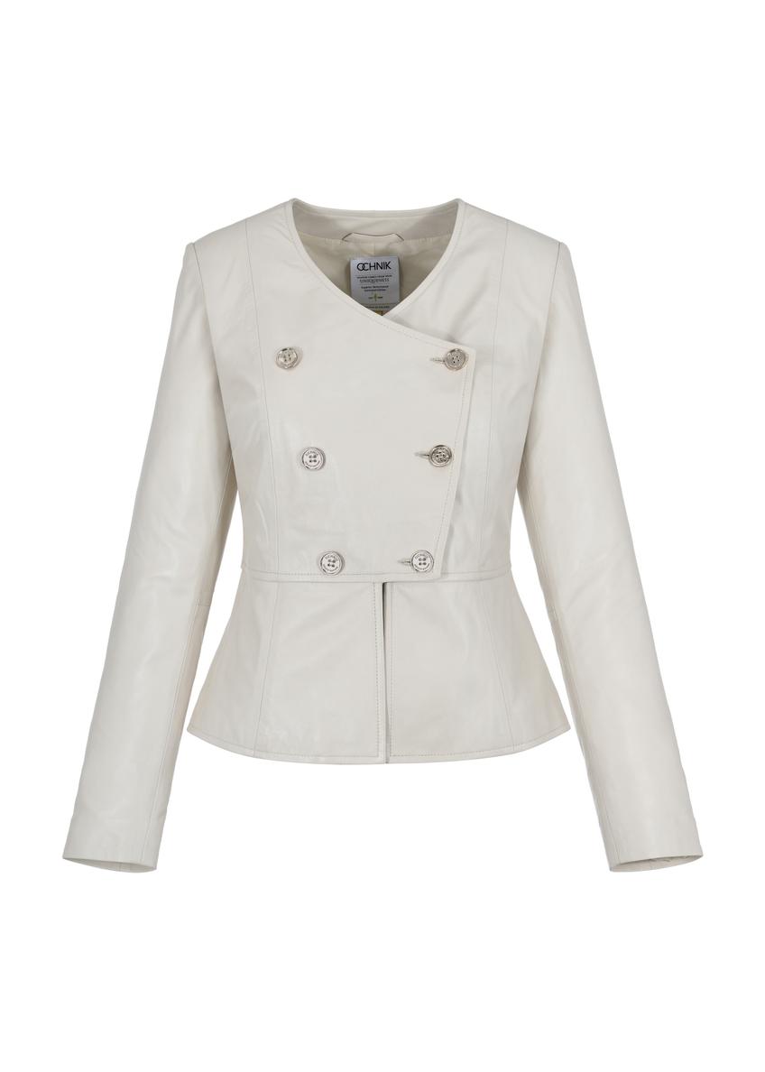 Kremowa krótka kurtka skórzana damska KURDS-0470-1367(W24)-04