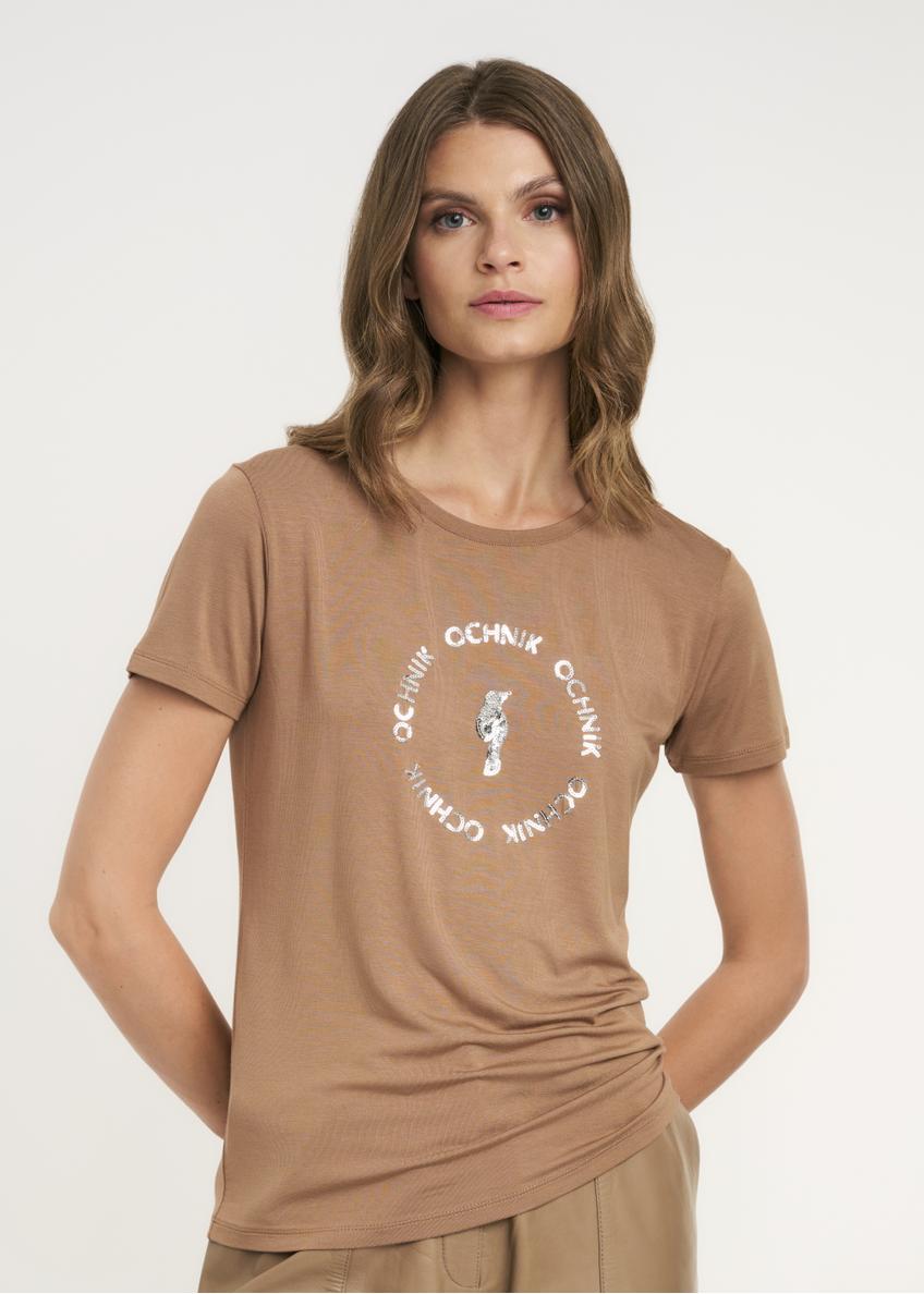 Kamelowy T-shirt damski z aplikacją TSHDT-0071-81(Z22)