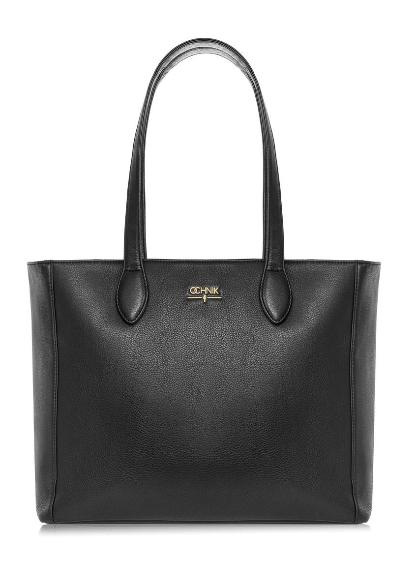 Czarna skórzana torebka shopper damska TORES-0971E-99(Z25) - widok produktu z przodu na białym tle.