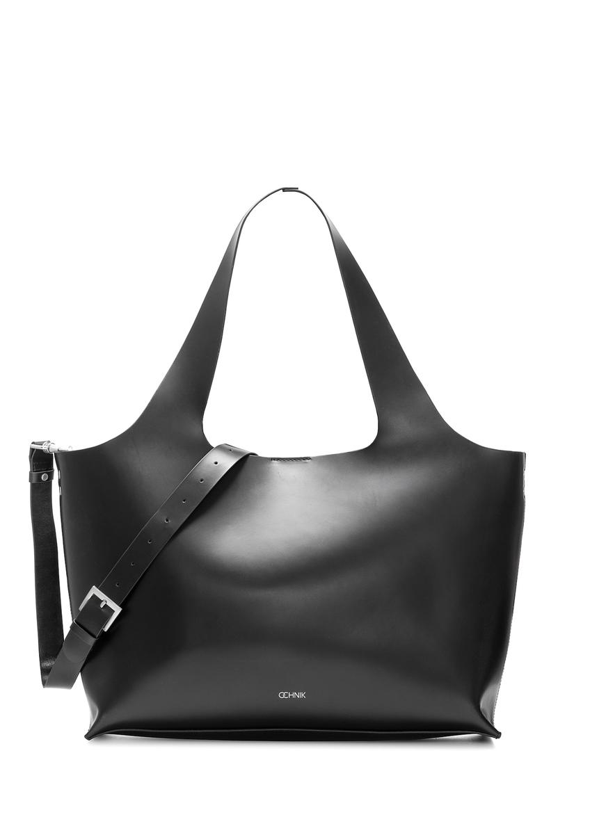 Czarna duża skórzana torebka shopper TORES-1140-99(Z25), widok produktu z przodu na białym tle.