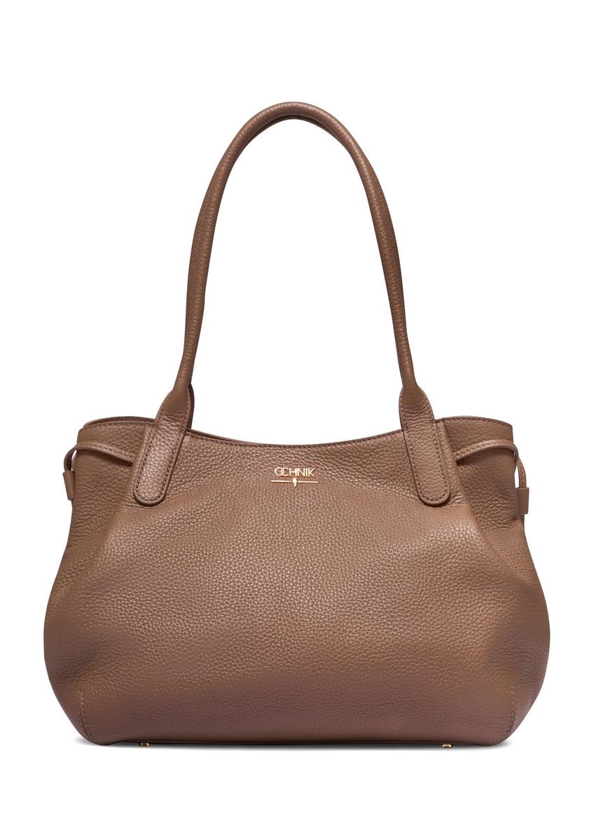 Skórzana torebka shopper w kolorze ciemnego beżu TORES-1360-1K(Z26) - widok produktu z przodu, na białym tle. 