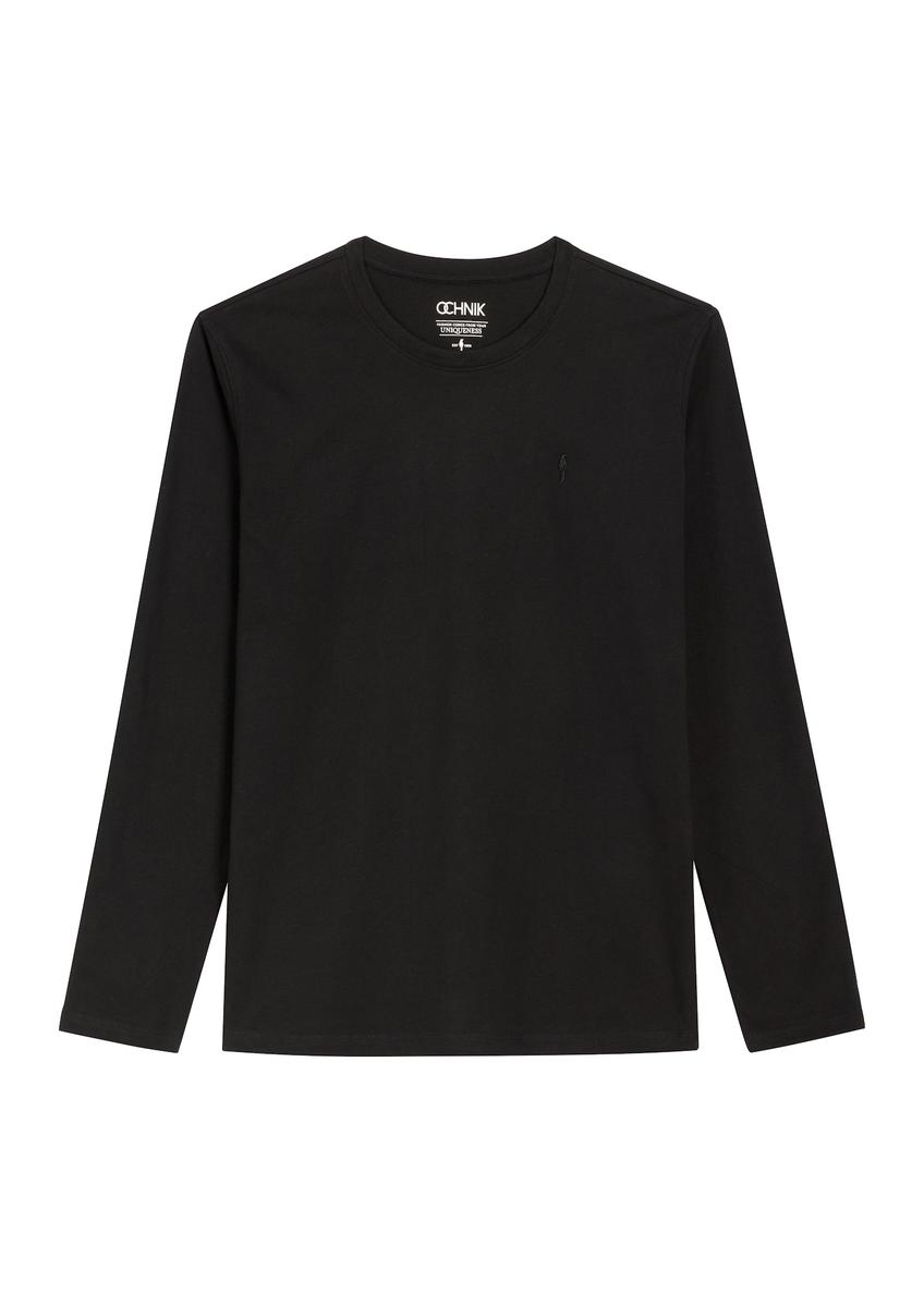 Czarny bawełniany longsleeve męski LSLMT-0013-99(Z26) - widok produktu z przodu, na białym tle. 