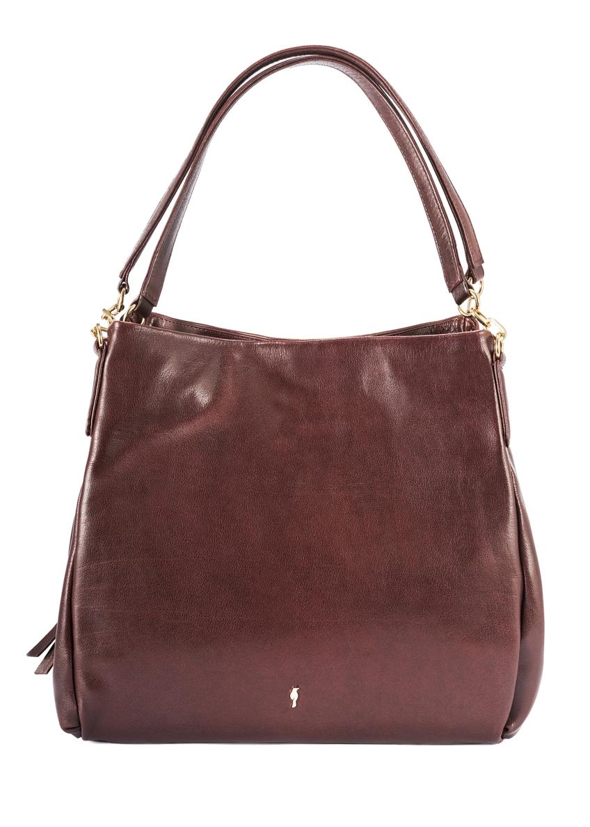 Brązowa skórzana damska torebka shopper TORES-0636D-89(Z25), widok produtku od przodu na białym tle.
