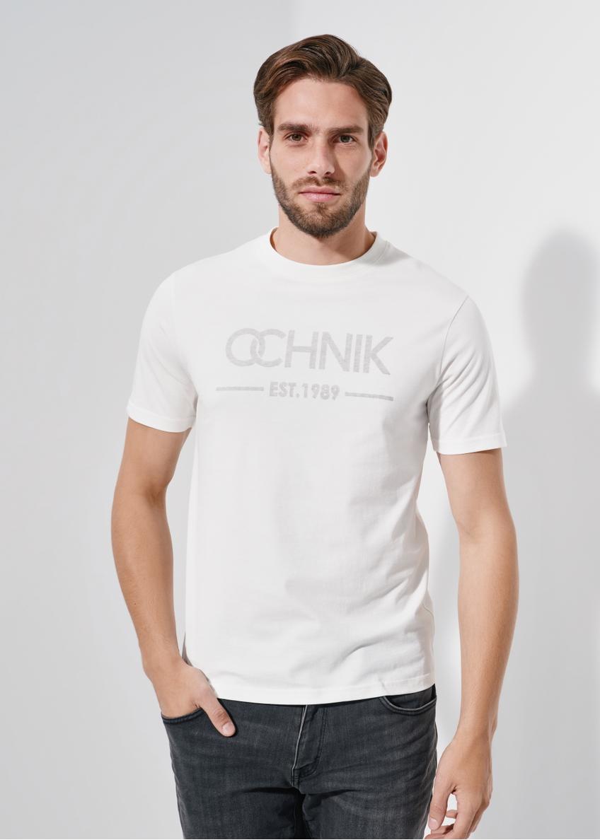 Kremowy T-shirt męski z logo TSHMT-0095-12(W24)