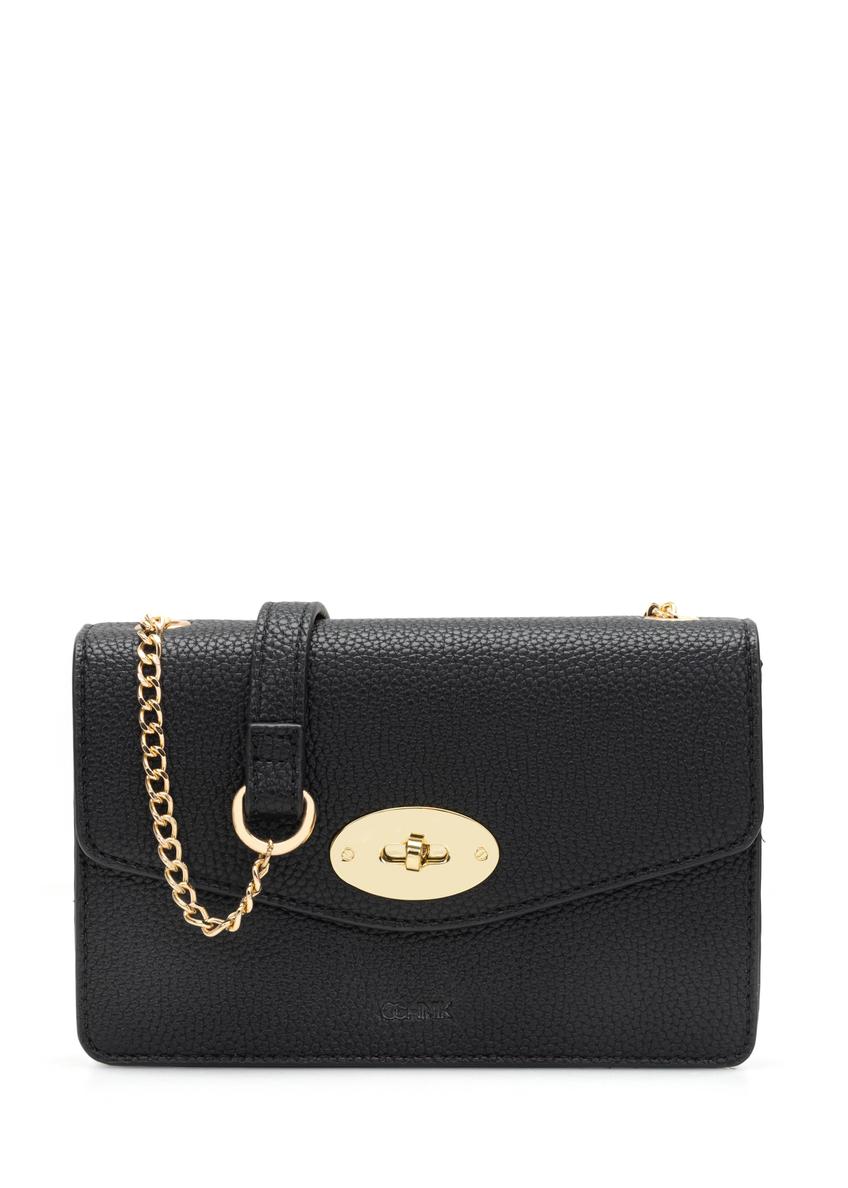 Czarna mała torebka damska TOREC-1141-9I(W26), widok produktu z przodu na białym tle.